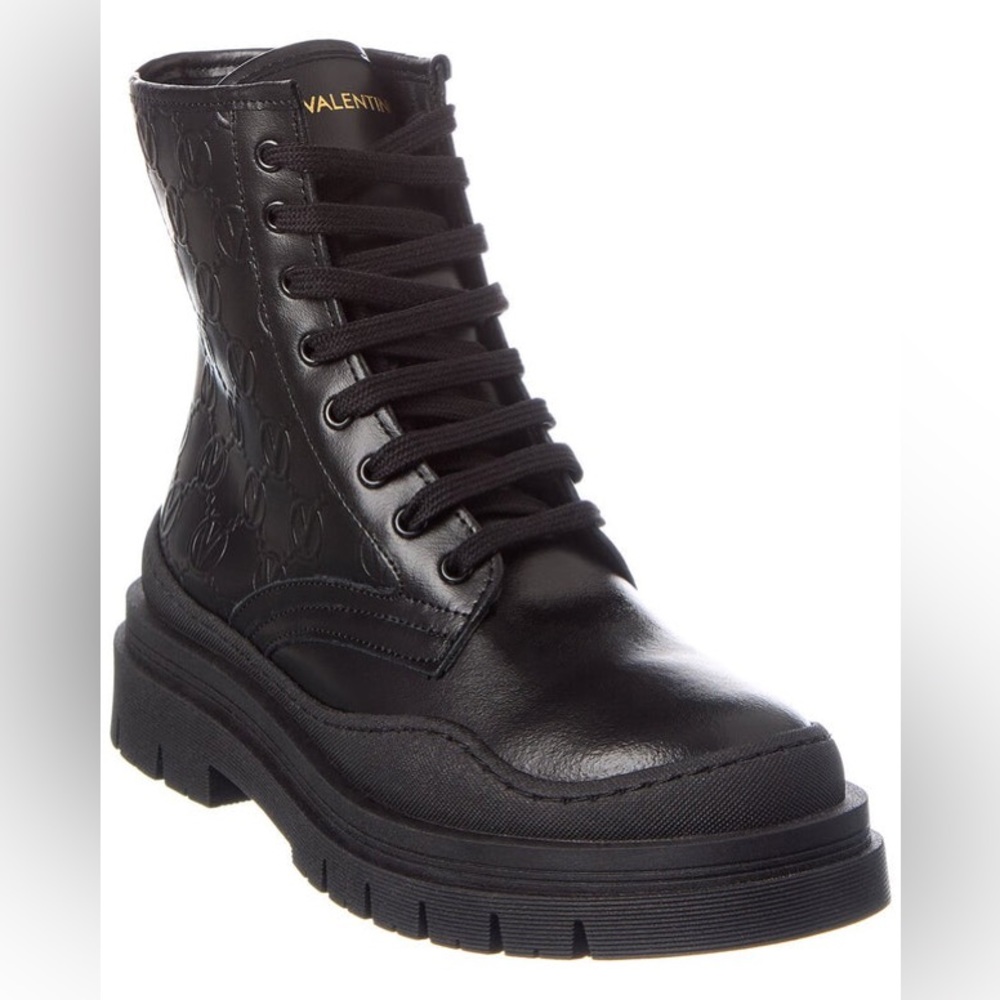 NWT Valentino by Mario Valentino Ivana Womens Leather Combat Boot Black US 8/38
